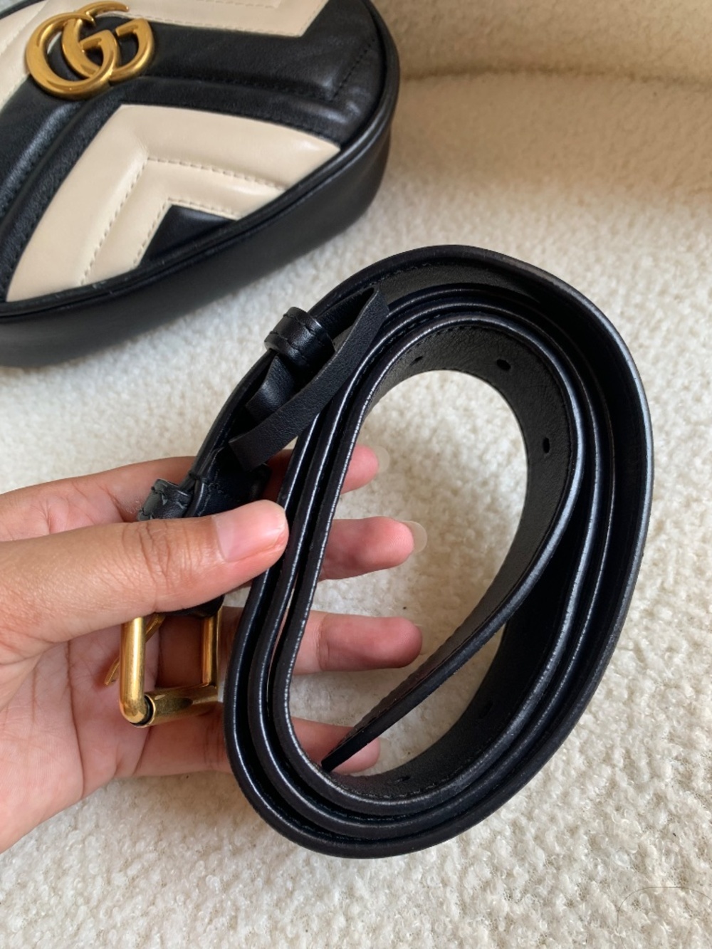 Gucci Calfskin Matelassé GG Marmont Belt Bag 85/34 Black White - Picture 11 of 15